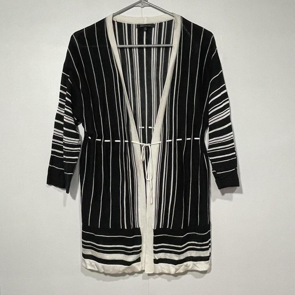 Anne Klein Cardigan Size‎ Small Black Beige stripes Nautical Open Front
